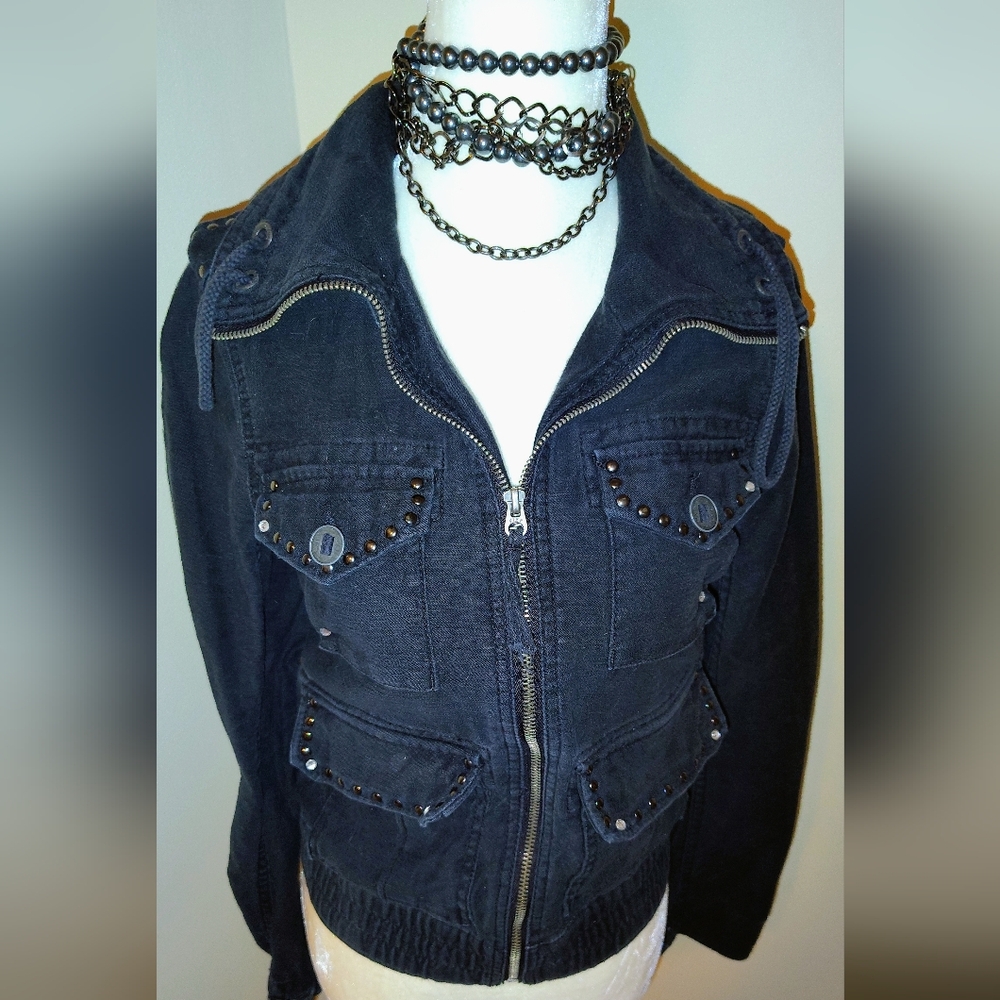 PINK Victoria's Secret -- Vintage Black Denim Moto Utility Jacket 🔥 y2k